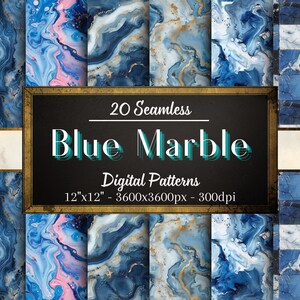 Blue Marble Digital Patterns, 20 Marble Seamless Papers, Blue Marble, Instant Download, Personal & Commercial Use, Print on Demand Friendly