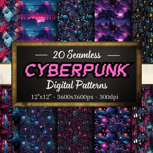 Cyberpunk Muster, 20 Cyberpunk nahtlose digitale Papiere, sofortiger Download, persönliche und kommerzielle Nutzung, Print-on-Demand freundlich