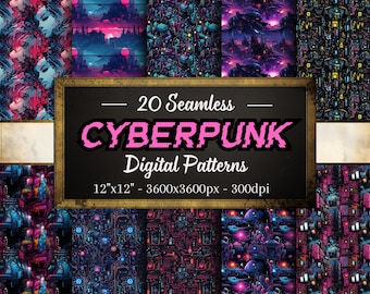 May include: 20 seamless digital patterns in a cyberpunk style. The patterns feature neon colors, geometric shapes, and futuristic cityscapes. The patterns are 12 inches by 12 inches and 3600 pixels by 3600 pixels at 300 dpi.