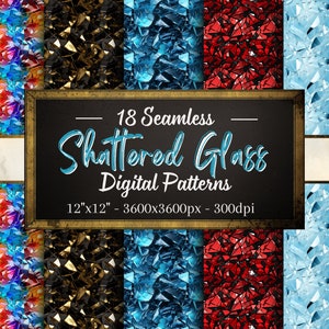 May include: 18 seamless digital patterns featuring shattered glass in various colors, including blue, red, gold, and rainbow. Each pattern is 12" x 12" and 3600 x 3600 pixels at 300 dpi.