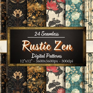 Rustic Zen Seamless Patterns, 24 Vintage Style Digital Papers, Rustic Patterns, Instant Download, Personal & Commercial Use, Print on Demand