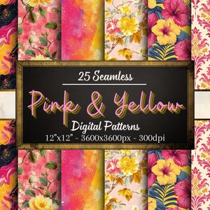 Pink and Yellow Seamless Patterns, 25 Pink and Yellow Digital Papers, Instant Download, Personal & Commercial Use, Print on Demand