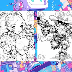 Puede incluir: Ilustraci&oacute;n en blanco y negro de dos personajes. El primer personaje es un robot femenino con el pelo largo y una gran pistola. El segundo personaje es un robot que lleva un sombrero de vaquero y sostiene una pistola.