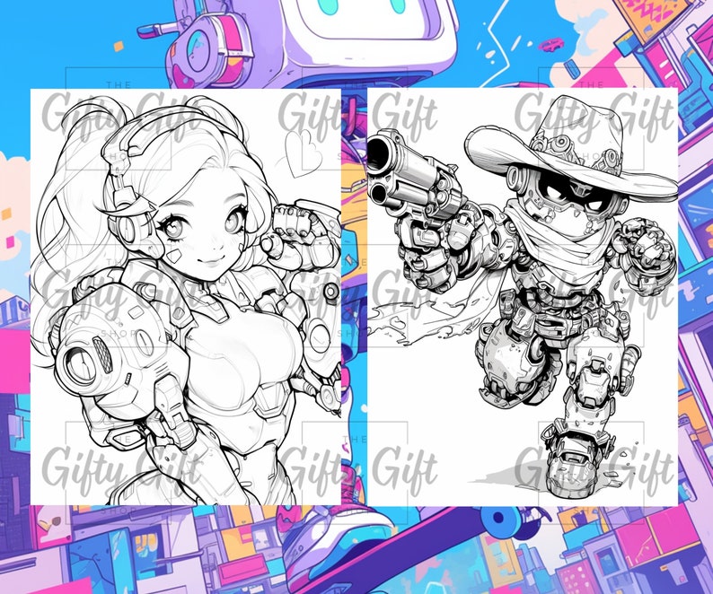 Puede incluir: Ilustraci&oacute;n en blanco y negro de dos personajes. El primer personaje es un robot femenino con el pelo largo y una gran pistola. El segundo personaje es un robot que lleva un sombrero de vaquero y sostiene una pistola.