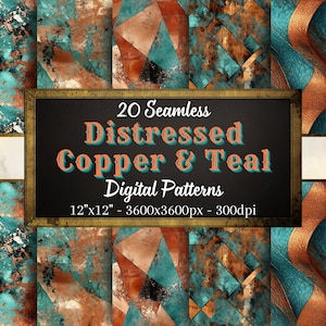 Kopparfärgat och blågrönt digitalt papper, 20 sömlösa mönster med distressed grunge-textur, direktnedladdning för personligt och kommersiellt bruk, POD-vänligt
