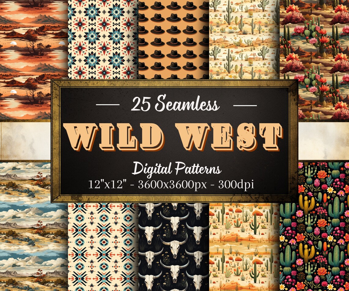 Western Color Patterns Wild West Patterns, 25 Western Themed Seamless Digital Papers, Instant ...