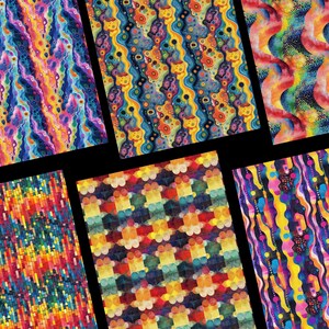 Peut inclure: Six &eacute;chantillons de tissu avec des motifs abstraits vibrants. Les motifs pr&eacute;sentent une vari&eacute;t&eacute; de couleurs, notamment des bleus, des jaunes, des oranges et des violets, avec des formes tourbillonnantes et g&eacute;om&eacute;triques. Les &eacute;chantillons sont pr&eacute;sent&eacute;s sur fond noir.