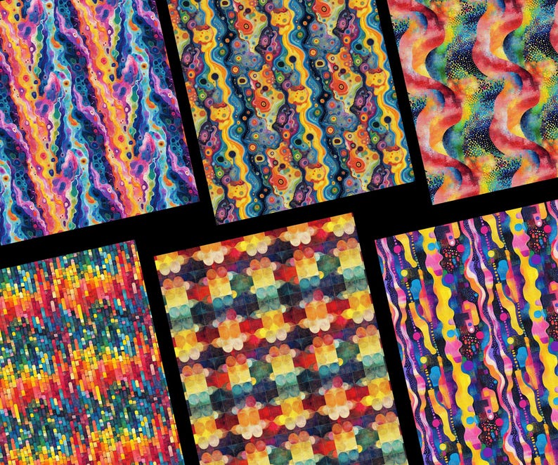 Peut inclure: Six &eacute;chantillons de tissu avec des motifs abstraits vibrants. Les motifs pr&eacute;sentent une vari&eacute;t&eacute; de couleurs, notamment des bleus, des jaunes, des oranges et des violets, avec des formes tourbillonnantes et g&eacute;om&eacute;triques. Les &eacute;chantillons sont pr&eacute;sent&eacute;s sur fond noir.