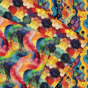 Peut inclure: Impression d'art abstrait avec un m&eacute;lange vibrant de couleurs, dont le rouge, le bleu, le jaune et le vert. Le design int&egrave;gre des formes g&eacute;om&eacute;triques, des lignes ondul&eacute;es et des motifs de points, cr&eacute;ant une composition dynamique et color&eacute;e. L'&oelig;uvre a une ambiance psych&eacute;d&eacute;lique.