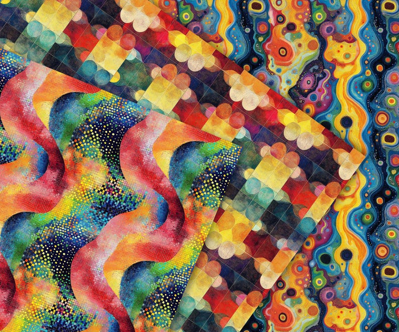 Peut inclure: Impression d'art abstrait avec un m&eacute;lange vibrant de couleurs, dont le rouge, le bleu, le jaune et le vert. Le design int&egrave;gre des formes g&eacute;om&eacute;triques, des lignes ondul&eacute;es et des motifs de points, cr&eacute;ant une composition dynamique et color&eacute;e. L'&oelig;uvre a une ambiance psych&eacute;d&eacute;lique.