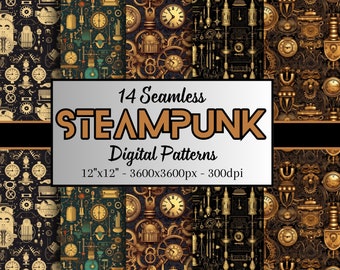 Steampunk Seamless Patterns, 14 Digital Papers of Steampunk Patterns for Scrapbooks, Clothing, Craft Paper, Textiles and More!