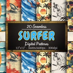 Surfer Seamless Patterns, 20 Surfer Themed Digital Papers, Strandmuster, Vintage Surfer, persönliche und kommerzielle Nutzung, Print on Demand