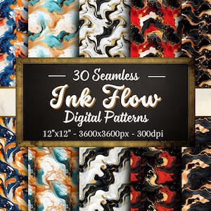May include: 30 seamless digital patterns featuring abstract ink flow designs in various color combinations, including black, white, gold, red, orange, and blue. Each pattern is 12 inches by 12 inches and 300 dpi.