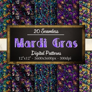 May include: 20 seamless digital patterns featuring Mardi Gras themes. The patterns include purple, green, and gold colors with images of masks, beads, and fleur-de-lis. The patterns are 12" x 12" and 3600 x 3600 pixels at 300 dpi.