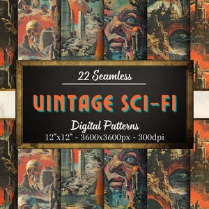 motifs vintage sans couture de science-fiction, 22 papiers numériques rétro, motifs de science-fiction, téléchargement immédiat, usage personnel et commercial, impression à la demande