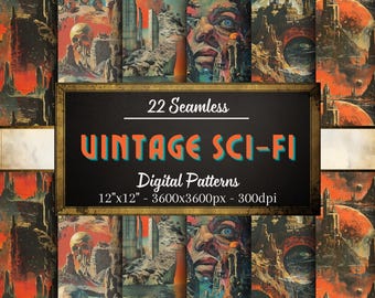 Vintage Sci-Fi Seamless Patterns, 22 Retro Digital Papers, Sci-Fi Patterns, Instant Download, Personal & Commercial Use, Print on Demand