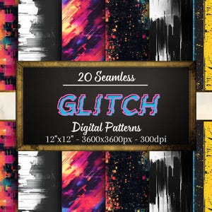 Glitch Nahtlose Muster, 20 digitale Papiere mit Glitch-Effekt, sofortiger Download, persönliche und kommerzielle Nutzung, Print-on-Demand-freundlich