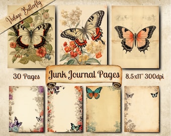 Butterfly Junk Journal Pages, Vintage Scrapbooking Ephemera, 25 Printable Pages, Digital Download, Mixed Media Vintage Butterfly Paper