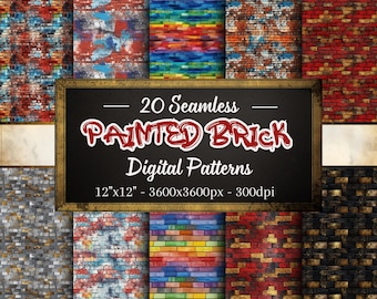 Painted Brick Patterns, 20 Seamless Digital Papers of Brick Patterns, Instant Download, Personal & Commercial Use, Print on Demand Friendly