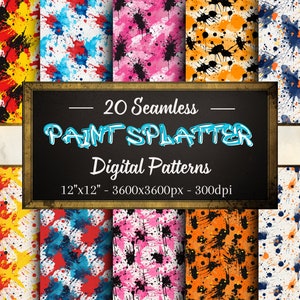 May include: 20 seamless digital paint splatter patterns in various colors, including yellow, blue, pink, orange, and black. Each pattern is 12" x 12" and 3600 x 3600 pixels at 300 dpi.