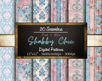Pink and Blue Shabby Chic Seamless Patterns, 20 Rustic Digital Papers, Instant Download, Personal & Commercial Use, Print on Demand