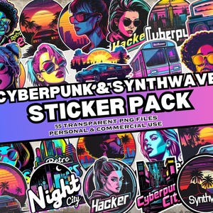 Cyberpunk und Synthwave Sticker Pack, 55 digitale Aufkleber, transparente PNG, sofortiger Download für den persönlichen und kommerziellen Gebrauch, Print on Demand