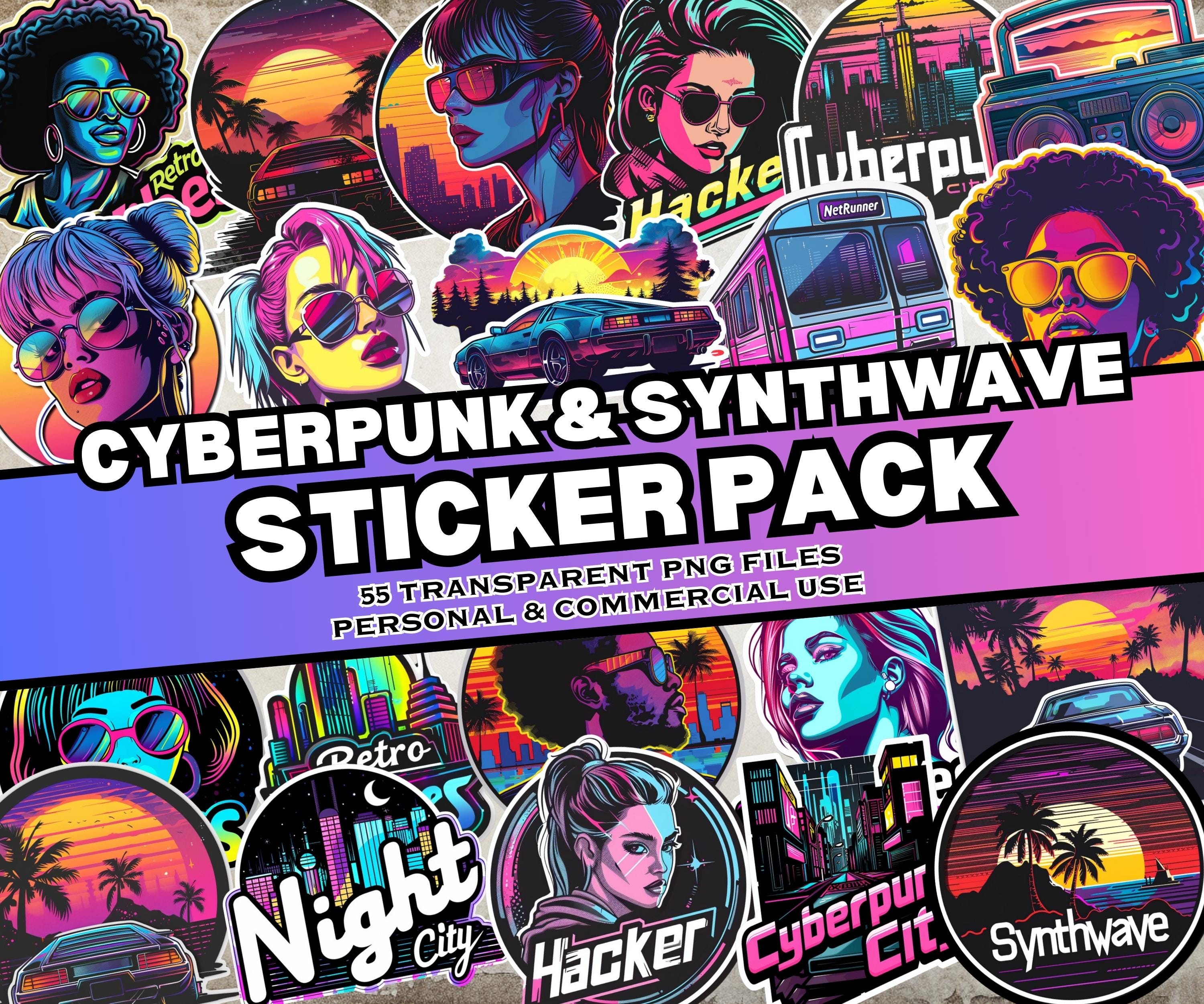 Synth Line Sticker Cyberpunk and Synthwave Sticker Pack, 55 Digital Stickers, Transparent ...