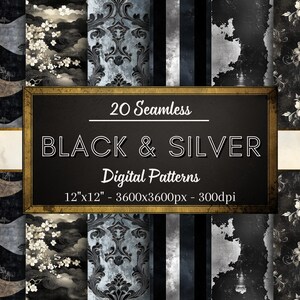Op de afbeelding: Een set van 20 digitale naadloze patronen in zwart en zilver. De patronen omvatten bloemmotieven, geometrische en abstracte ontwerpen. Elk patroon is 30,48 cm bij 30,48 cm en 3600 pixels bij 3600 pixels met 300 dpi.