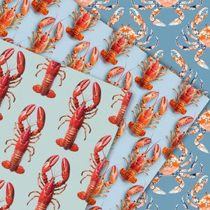 K&ouml;nnte beinhalten: Ein nahtloses Muster mit roten Hummern und blauen Krabben auf hellblauem Hintergrund. Die Hummer sind in einem sich wiederholenden Muster angeordnet, w&auml;hrend die Krabben &uuml;ber das Design verteilt sind.