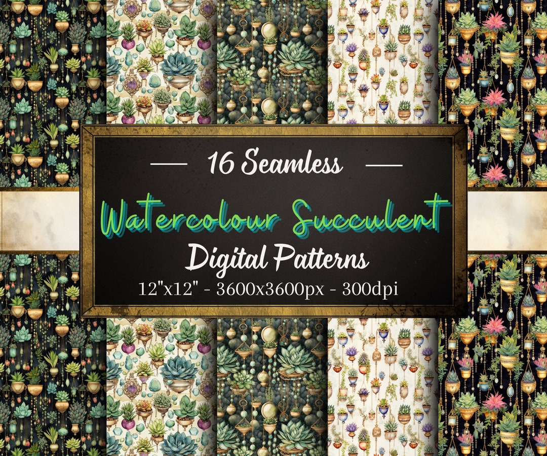 Watercolour Succulents Patterns, 16 Seamless Digital Papers, Instant ...