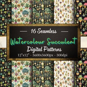 Watercolour Succulents Patterns, 16 Seamless Digital Papers, Instant Download, Personal & Commercial Use, Print on Demand Friendly