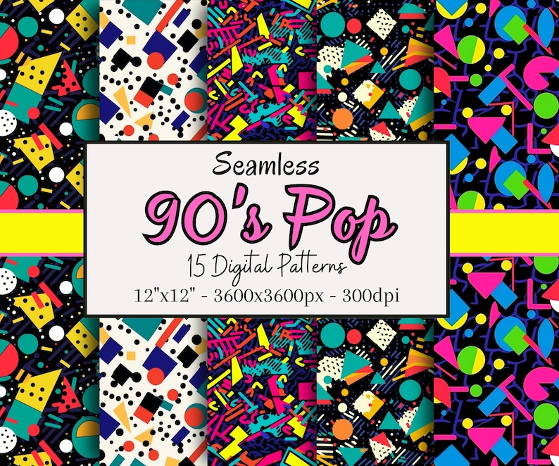 90's Patterns, 15 Seamless Digital Papers of Classic 90's Patterns for Scrapbooking, Clothing, Craft Paper, Print on Demand & More image 1