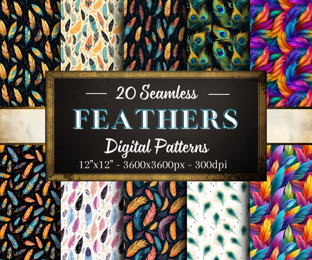Feather Patterns, 20 Delicate Feather Seamless Digital Papers, Instant ...