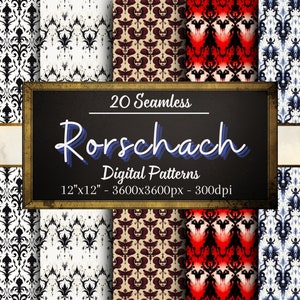 May include: 20 seamless digital patterns in a variety of colors and designs. The patterns are 12" x 12" and 3600 x 3600 pixels at 300 dpi. The patterns are called "Rorschach".