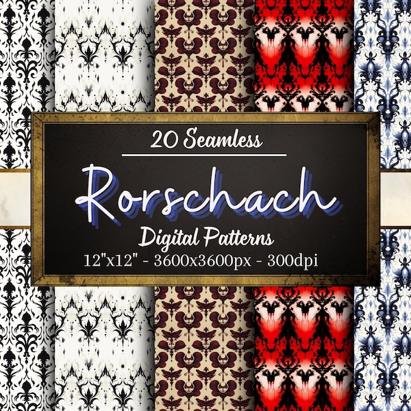 Rorschach Seamless Patterns, 20 Abstract Rorschach Digital Papers, Instant Download, Personal & Commercial Use, Print on Demand Friendly