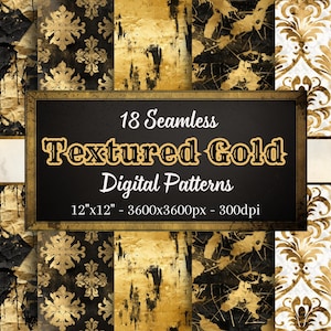Textured Gold Digital Paper, 20 Seamless Gold Damask and Grunge Patterns, Instant Download for Personal & Commercial Use, POD Friendly