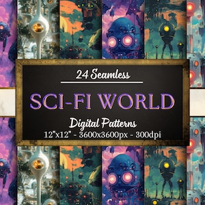 Modèles sans couture du monde de la science-fiction, 24 papiers numériques futuristes, motifs de science-fiction, téléchargement immédiat, usage personnel et commercial, impression à la demande