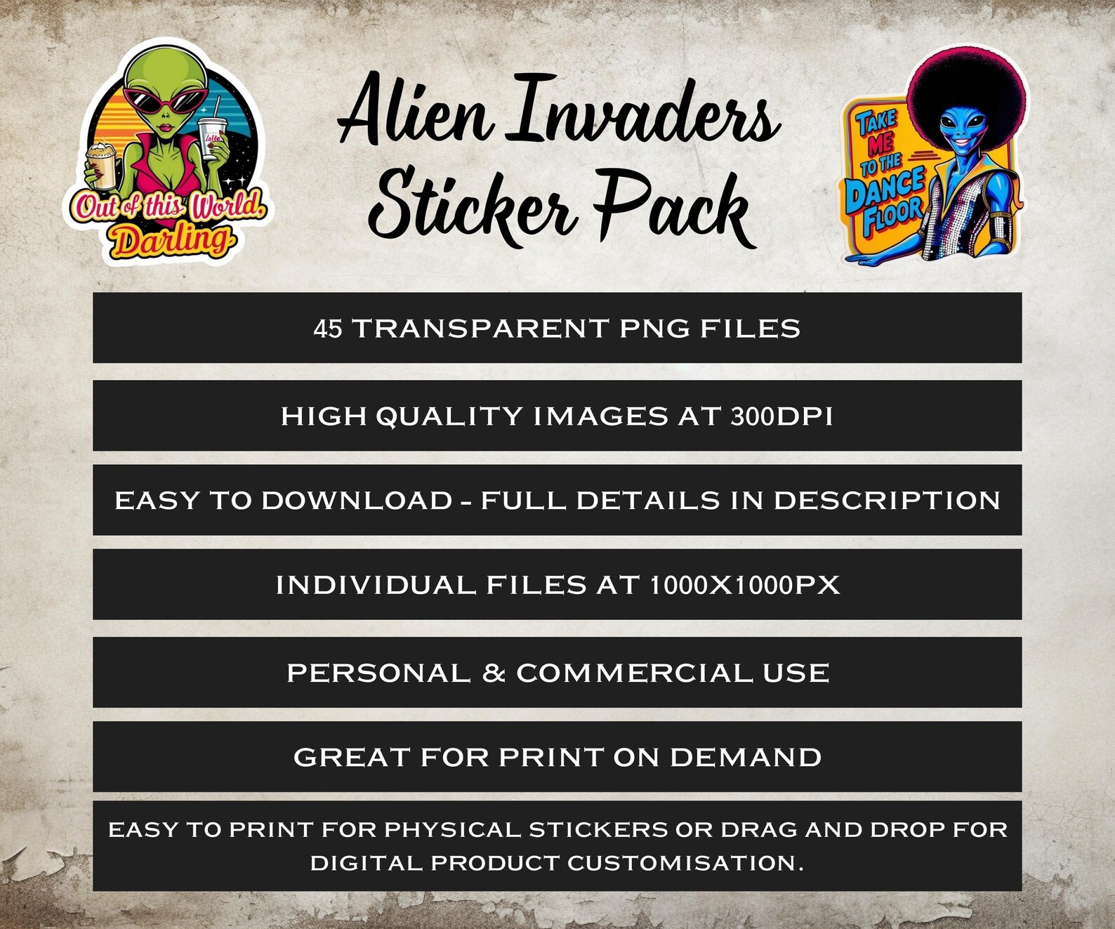 Alien Invaders Sticker Pack, 45 Science Fiction Digital Stickers, Alien ...