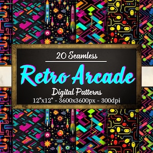 Retro Arcade Muster, 20 nahtlose digitale Papiere, klassische Arcade Muster für Scrapbooking, Kleidung, Kraftpapier, Print on Demand & mehr!