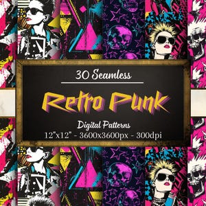May include: A collection of 30 seamless digital patterns with a retro punk theme. The patterns feature vibrant colors, including pink, yellow, and teal, with images of skulls, stars, and geometric shapes. The patterns are 12"x12" and 3600x3600px.