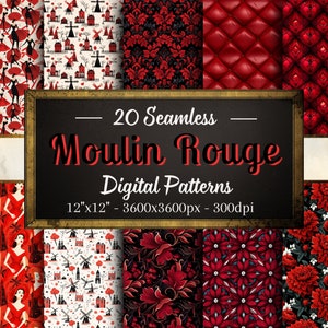 Wzory Moulin Rouge, 20 bezszwowe papiery cyfrowe na Walentynki, natychmiastowe pobieranie, do użytku osobistego i komercyjnego, przyjazne dla druku na żądanie
