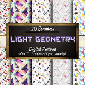 Geometryczne wzory cyfrowe, 20 bezszwowe papiery cyfrowe o lekkich wzorach geometrycznych, druk na żądanie, przyjazny dla użytkownika, do użytku osobistego i komercyjnego