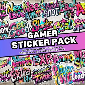 Gamer Sticker Pack, 50 Gamer Themed Digitale Aufkleber, transparente PNG, sofortiger Download, persönliche und kommerzielle Nutzung, Print on Demand freundlich