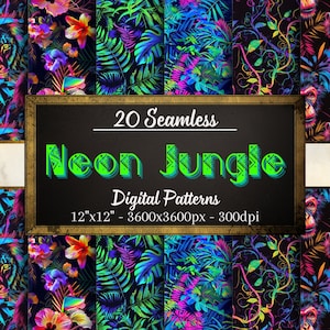 Neon Dschungel Nahtlose Muster, 20 lebendige Neon Digitalpapiere, sofortiger Download, persönliche und kommerzielle Nutzung, Print on Demand freundlich