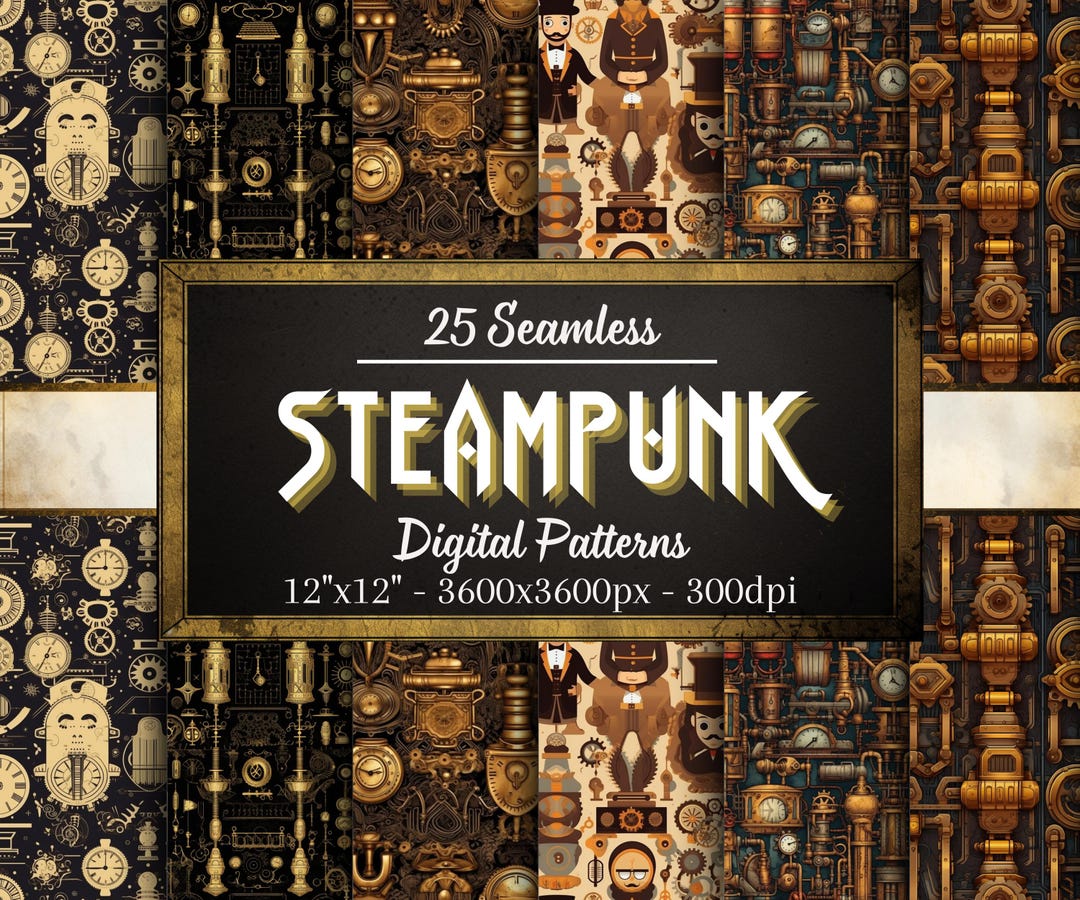 Steamless Patterns Steampunk Seamless Patterns, 25 Steampunk Digital Papers, Instant ...