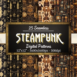 Steampunk Seamless Patterns, 25 Steampunk Digital Papers, Instant Download, Personal & Commercial Use, Print on Demand Friendly