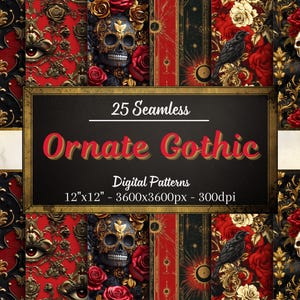 Red, Black & Gold Gothic Seamless Digital Papers – 25 Lux Dark Backgrounds, Instant Download, Personal and Commercial Use