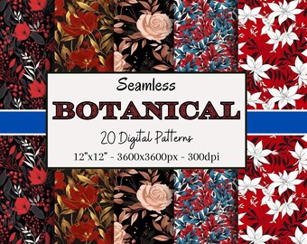 Seamless Botanical Patterns, 20 Digital Papers of Floral Patterns for Scrapbooking, Clothing, Craft Paper, Décor, Print on Demand and More!