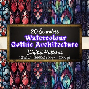 Watercolour Gothic Digital Paper, 20 Seamless Gothic Patterns in Watercolour, Instant Download for Personal & Commercial Use, POD Friendly