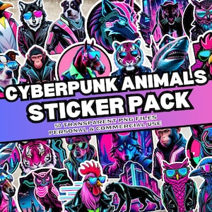 Könnte beinhalten: Ein Set mit 50 Cyberpunk-Tier-Stickern mit einer Vielzahl von Tieren in Neonfarben und futuristischen Designs. Die Sticker sind perfekt, um Laptops, Wasserflaschen, Tagebüchern und vielem mehr eine einzigartige Note zu verleihen.